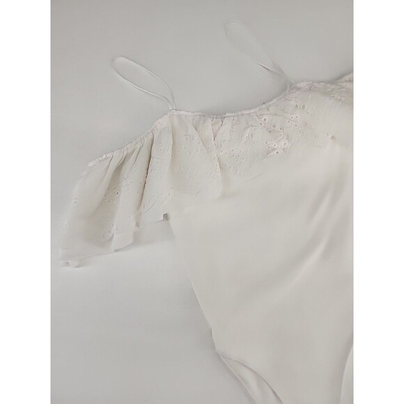 Zara Medium | White Babydoll Bodysuit Ruffle Ribbed Off Shoulder Soft Girl Solid - Picture 2 of 5
